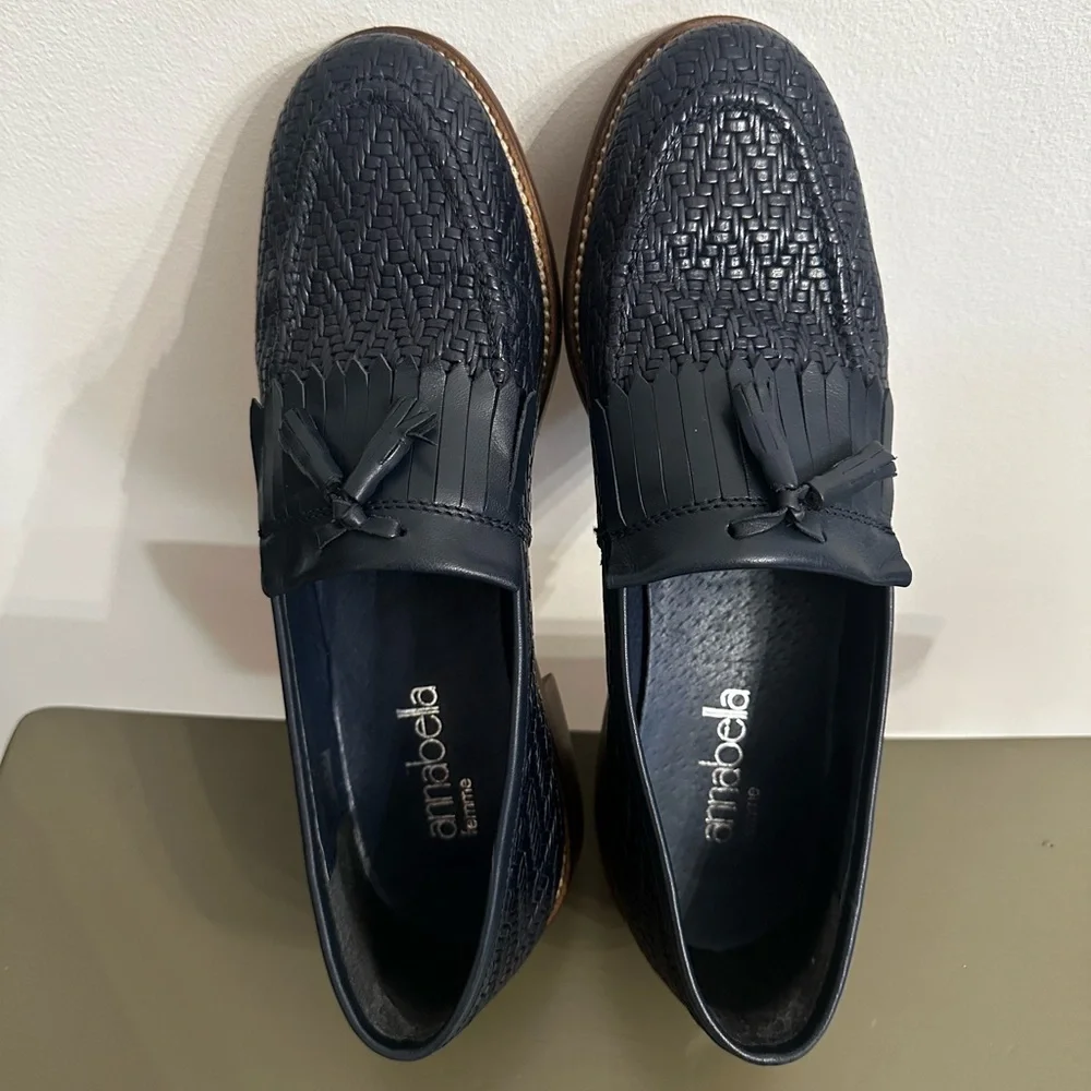 Annabella Navy Blue Woven Leather Kiltie Tassel Loafers Size 39/8-8.5 - Picture 6 of 9